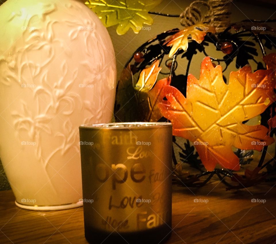 Vase, Candle, Pumpkin with leaves