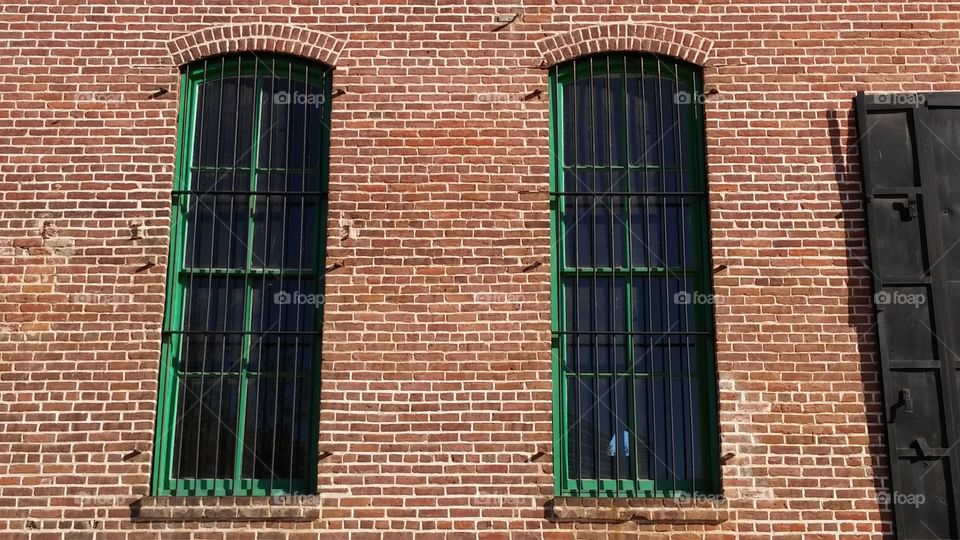 Green framed windows. Old Town Sacramento California