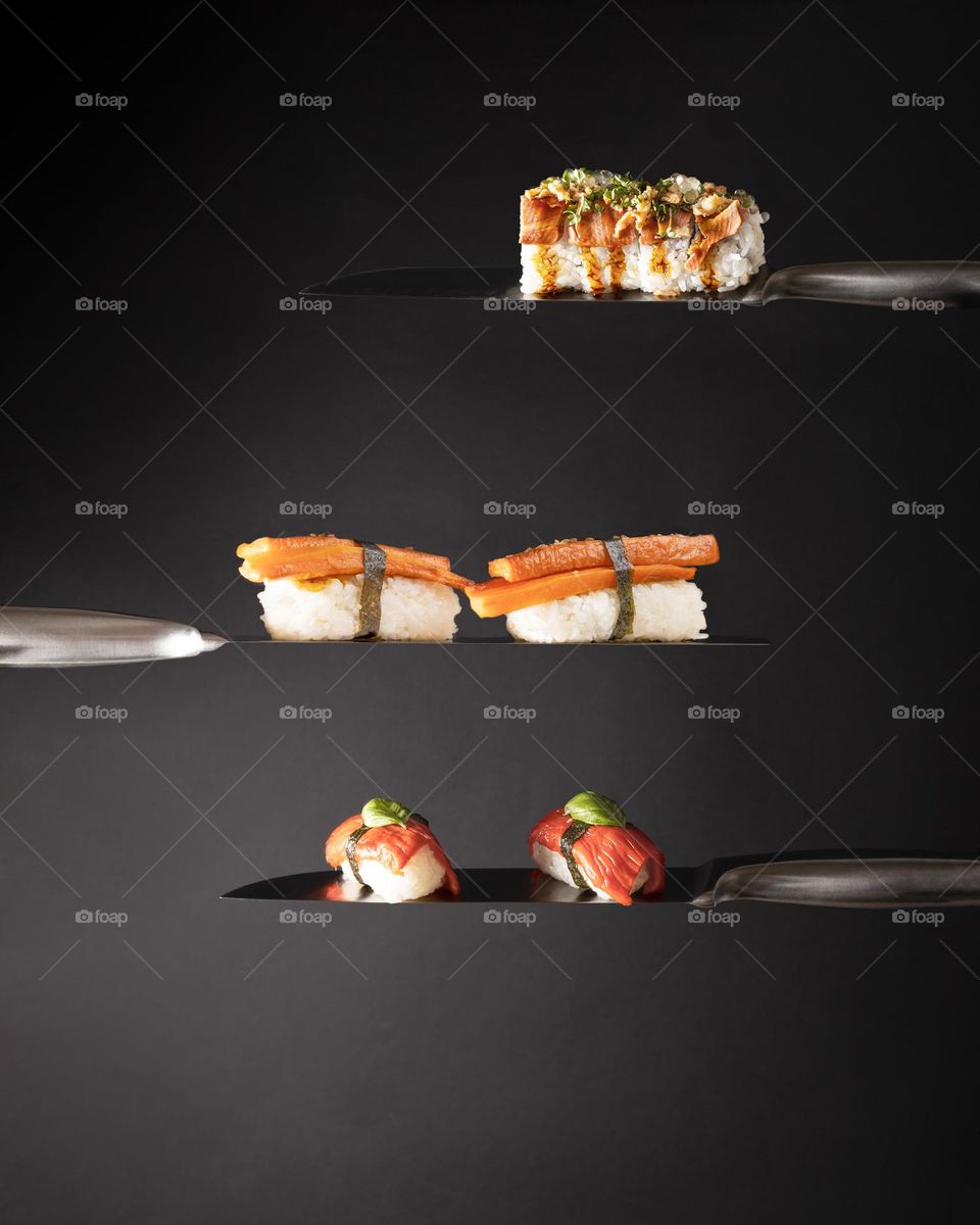 Vegan sushi on the dark background 