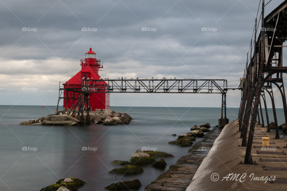 Red light house in Sturgeon Bay on Lake Michigan