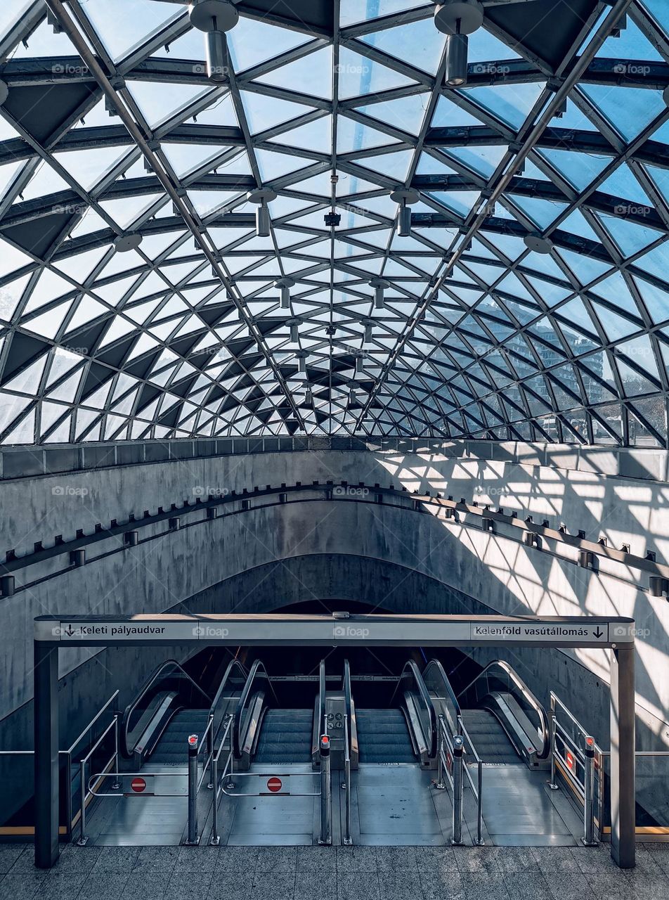 Glass roof over entrance to Bikas park metro station in Budapest, Hungary