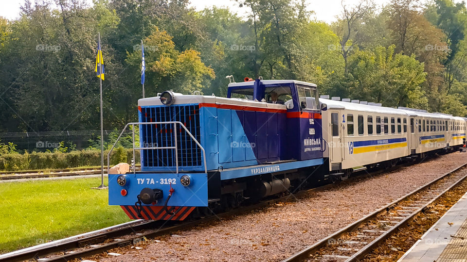 Blue train with white wagons
