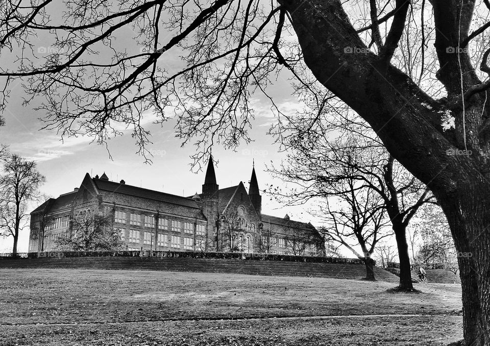 The Old Days. Black and white photo of the Harry Potter building in Trondheim Norway