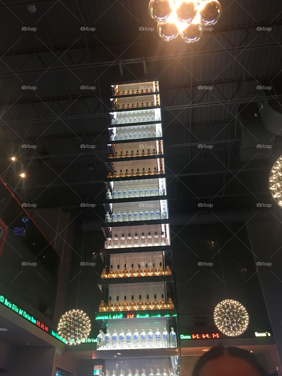 The largest tower of booze you will ever see found right in the heart of the restaurant.