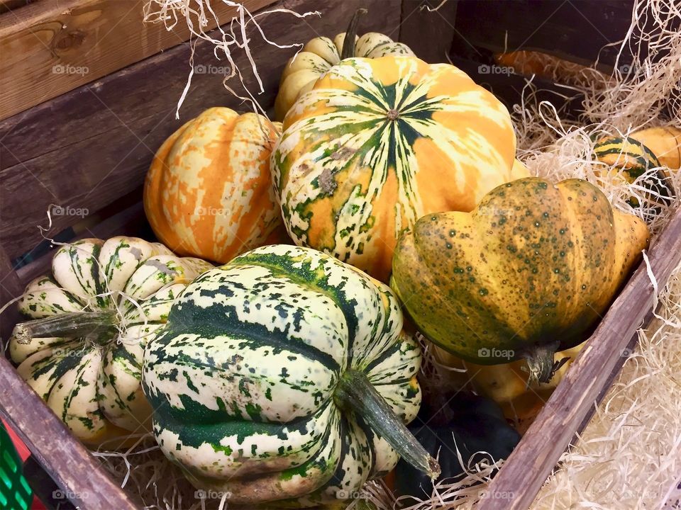 Wooden box with dekorative pumpkins