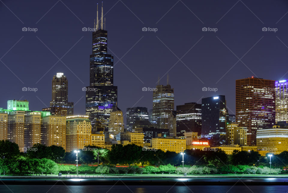 Chicago’s very own Willis Tower, formally the Sears Tower on a cloudy night with the lights reflection over the trees. 