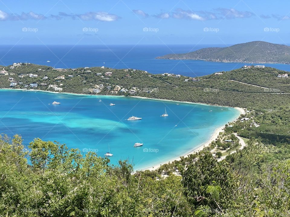 View from the top of a mountain overlooking Magens Bay Beach in St Thomas