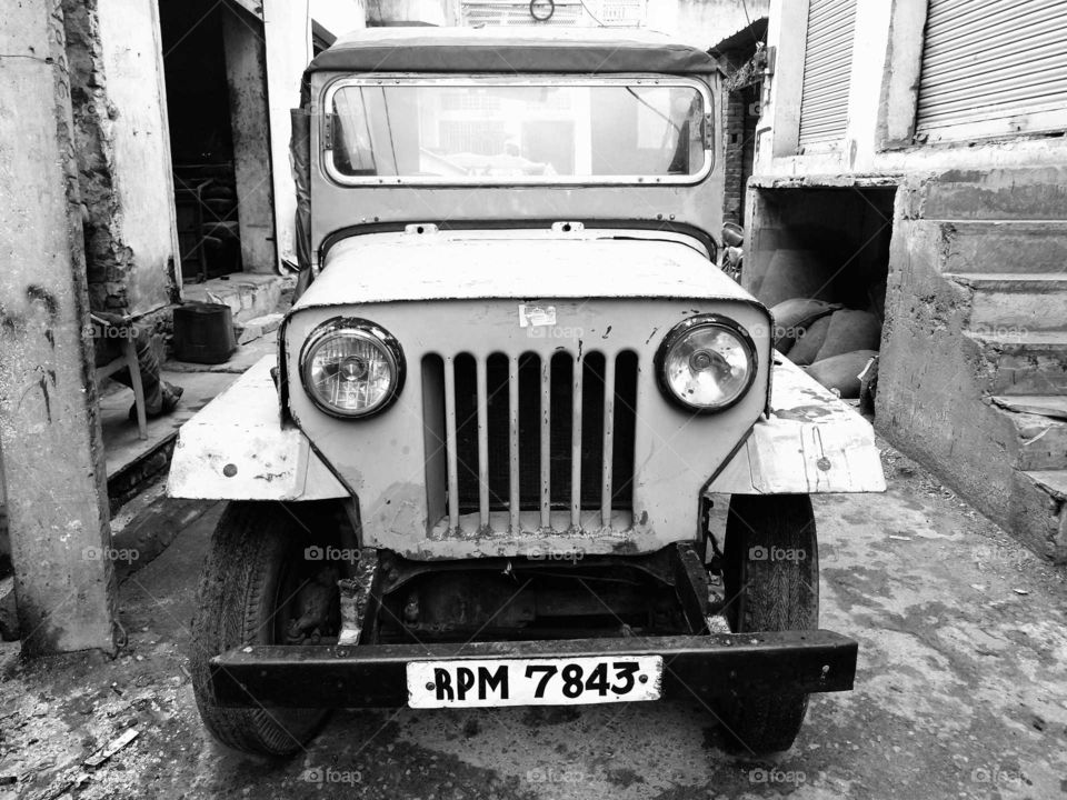 Indian jeep black and white picture