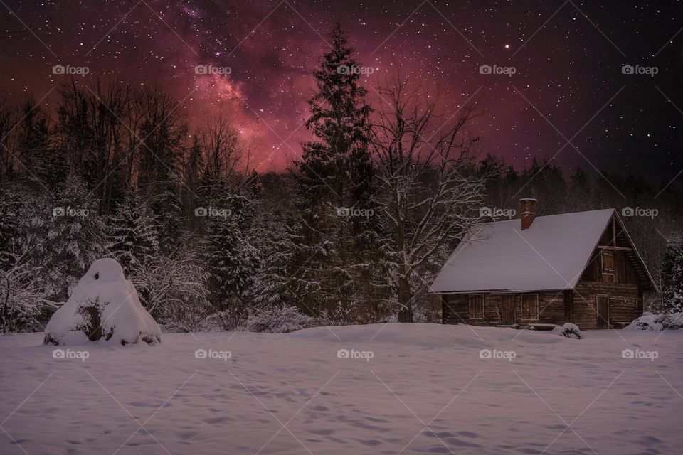 Winter night. December night.Country. Snow. White.