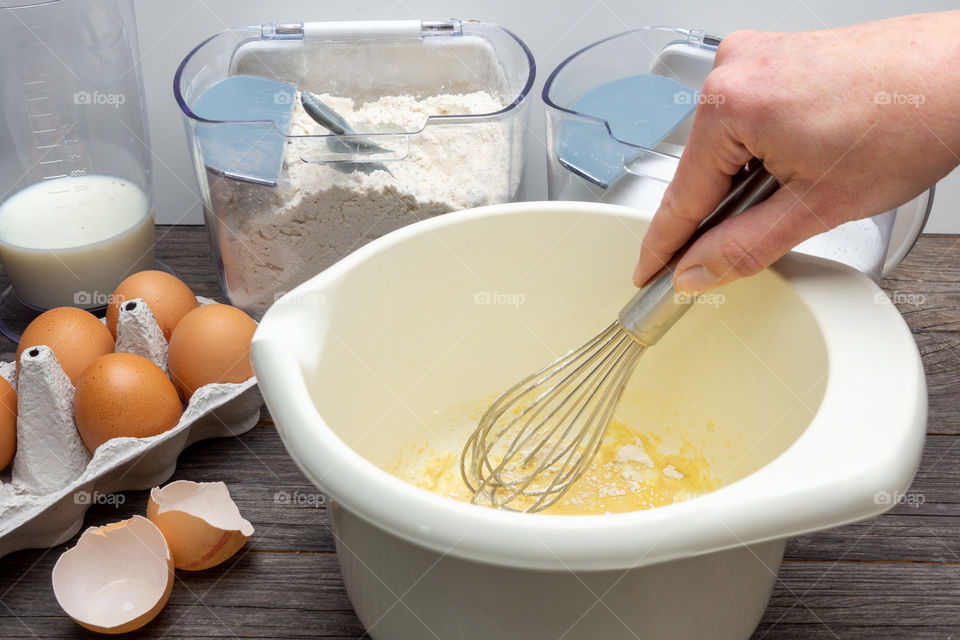 mixing bowl and pancake batter