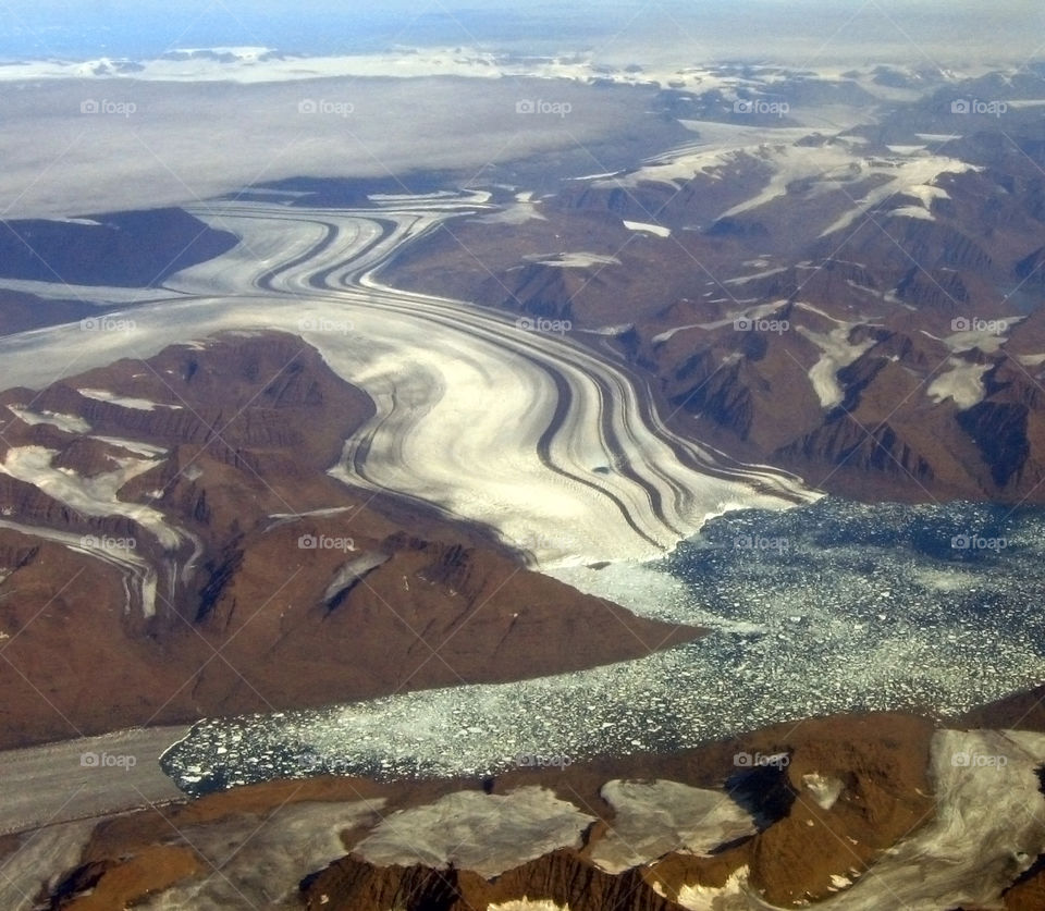 Glasier highway of Greenland. Photo taken from airplane on 32000 ft