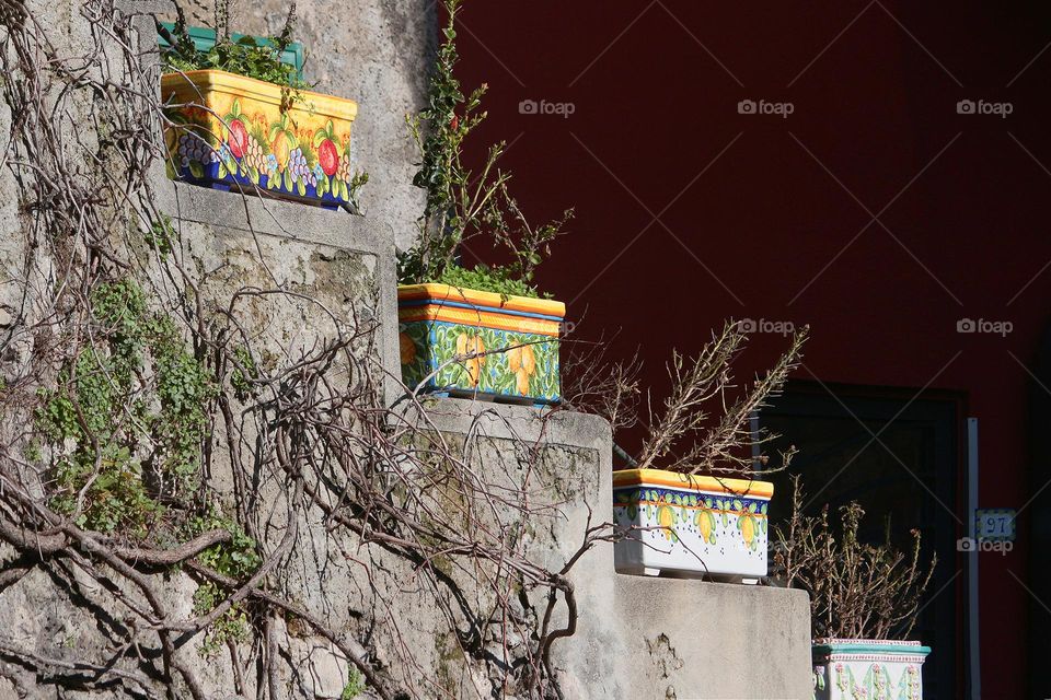 Decorative flower pots on staircases