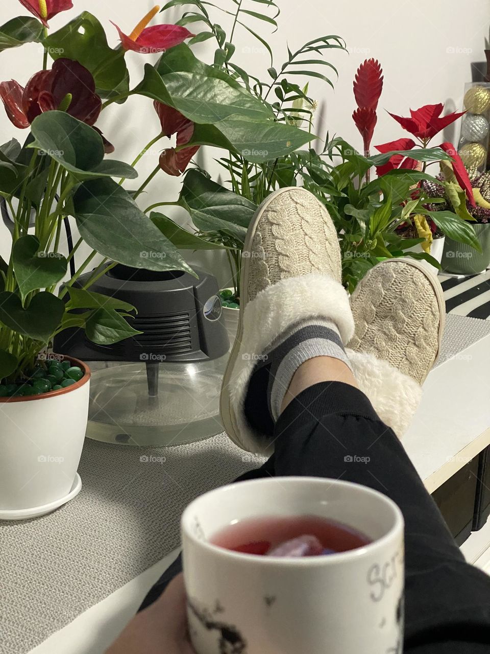 At home with cup of tea 