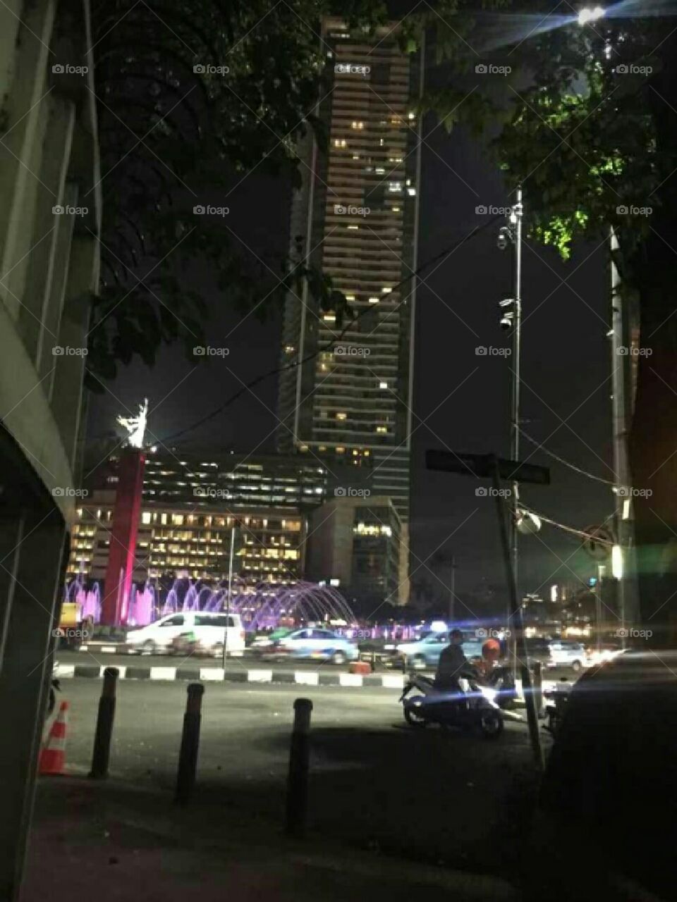 waterfall, building, people, & tree