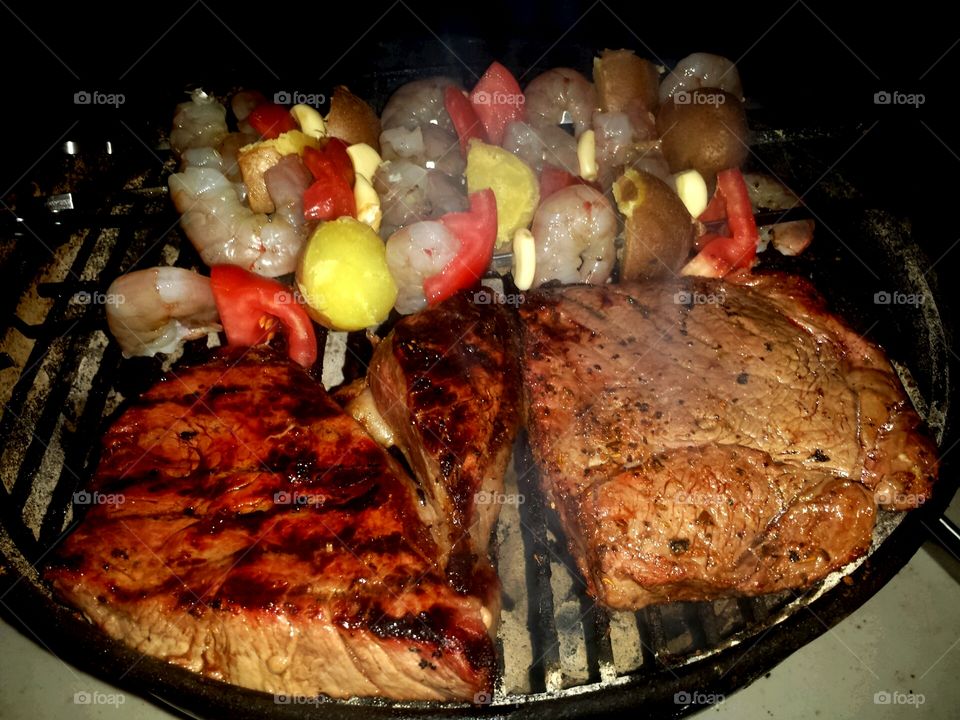 grilling steak and shrimp