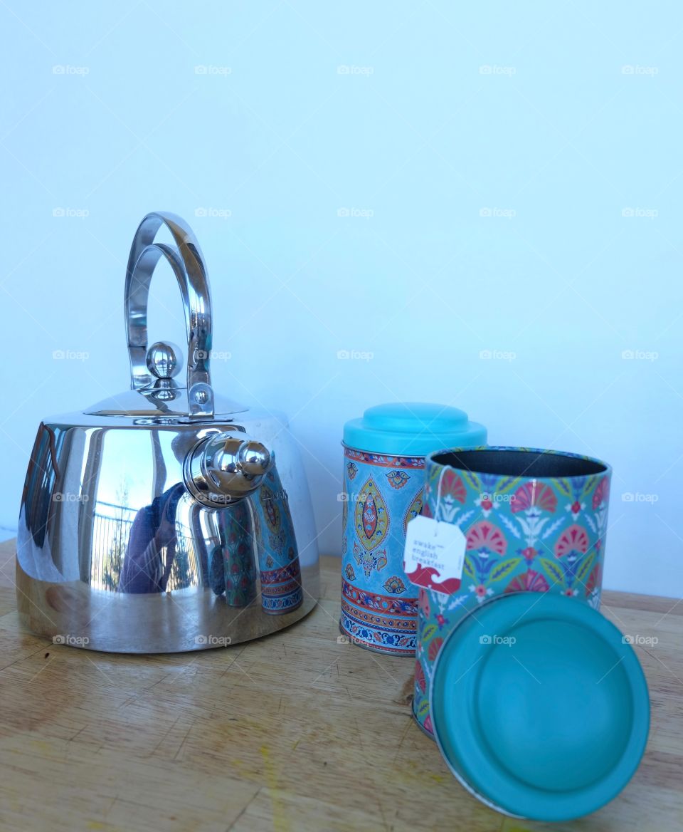 tea kettle  and tea canisters