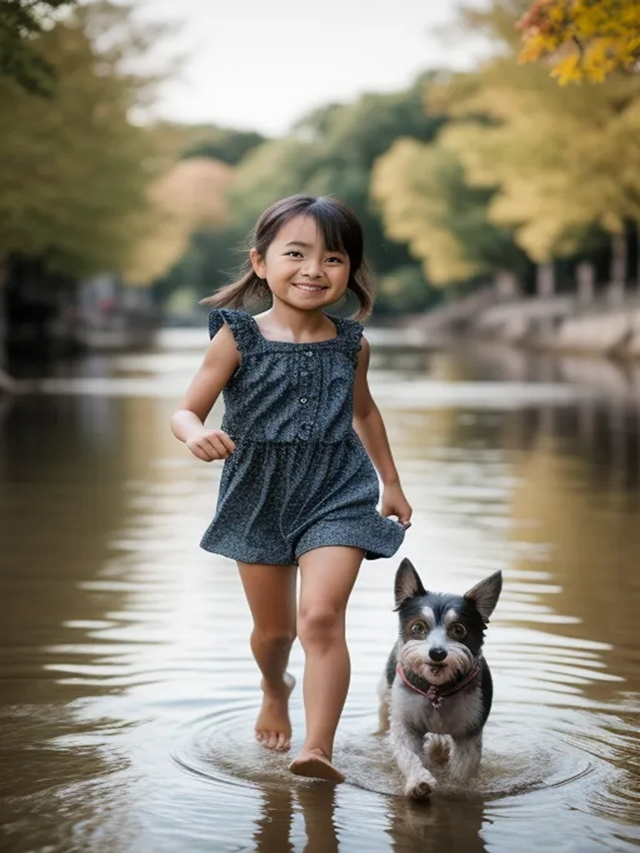 Beautiful girl playing with her dog in the river