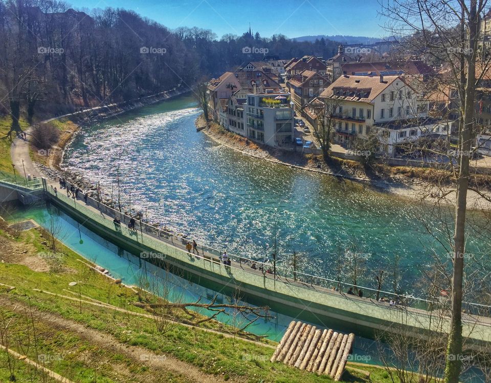 High angle view of Bern city near the lake