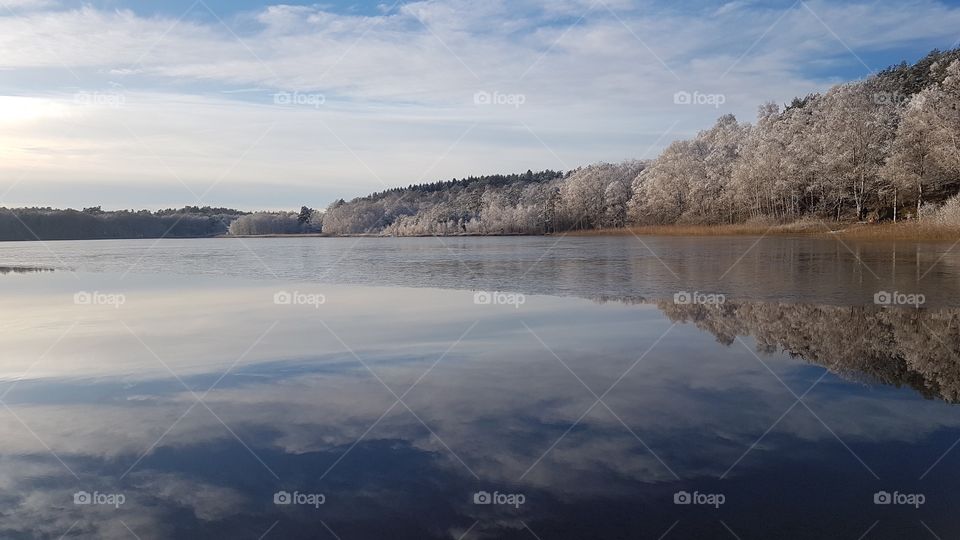 Frozen winter landscape , forest reflection on the lake - frusen sjö i vinterlandskap , reflektion 