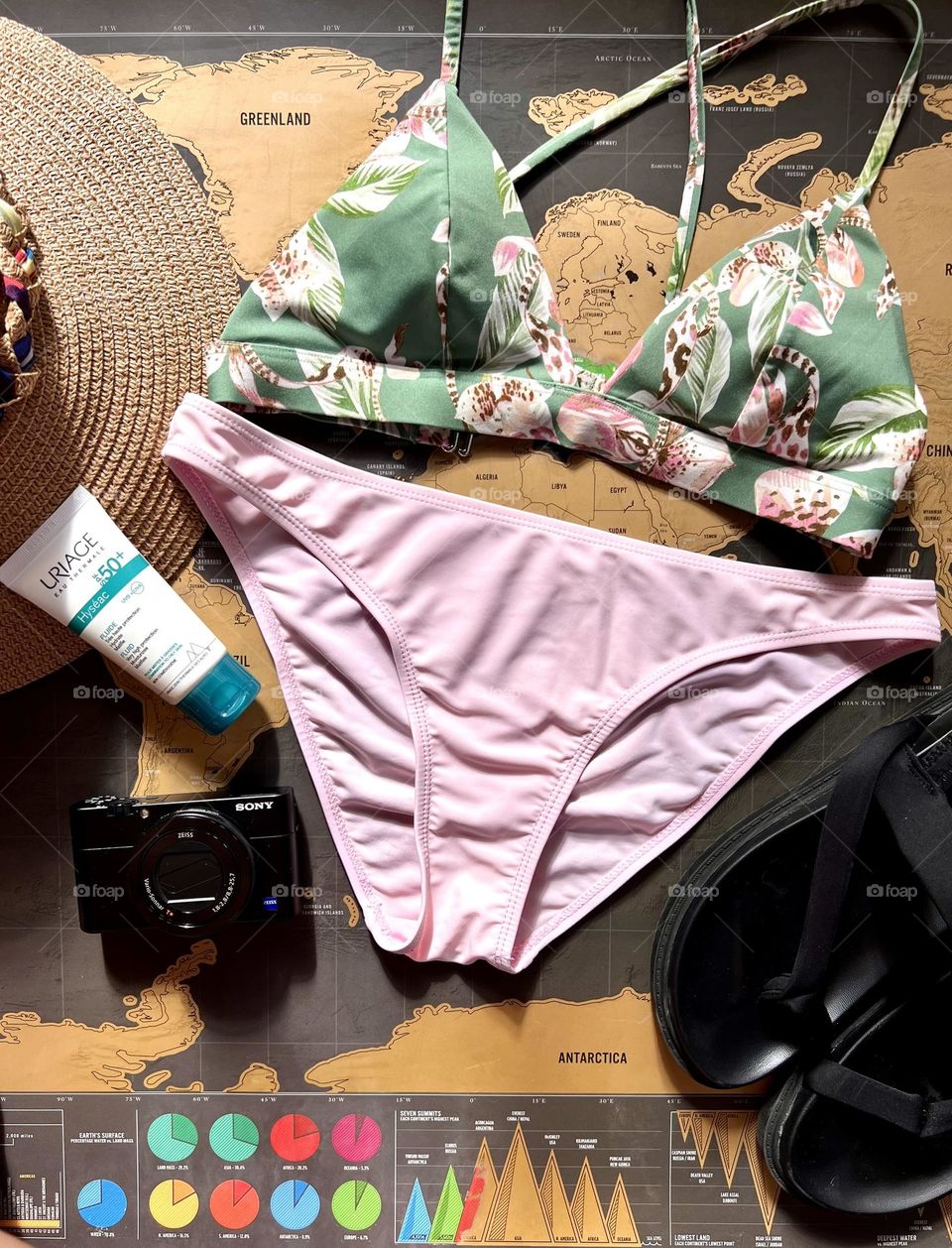 Vacation essentials for summer: saimming suit, spf cream, hat