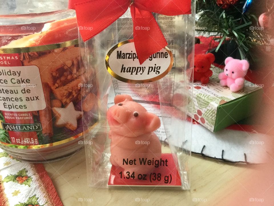 Marzipan piglet and decorations at holidays 