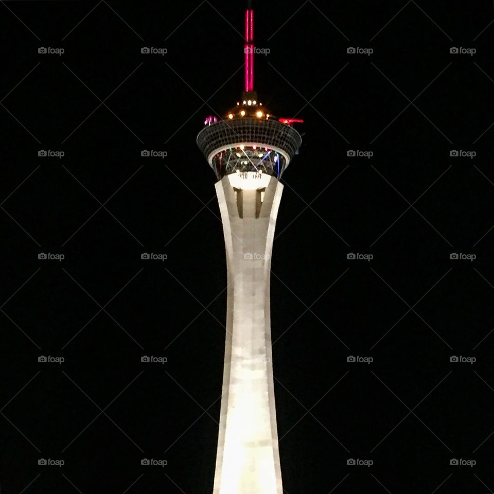 View of the Stratosphere Tower in Las Vegas, NV at night. 
