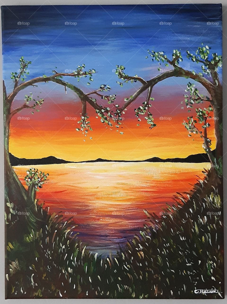 An acrylic painting that I painted and signed myself. Its a sunset reflecting into the water with the trees each side forming a heart. I believe this would make a beautiful background or touch to anything with this photo.