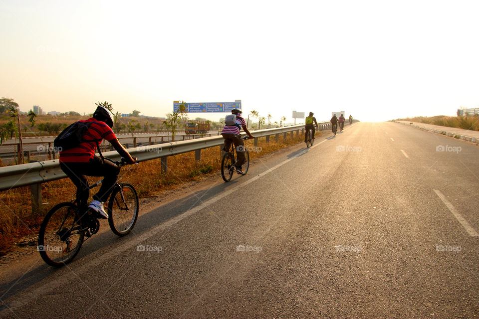 Early morning group cycling, bicycling