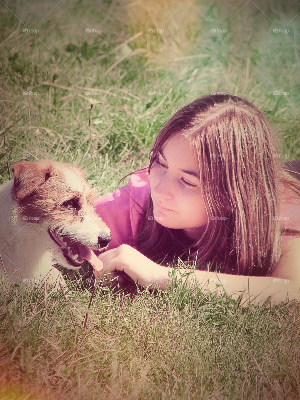 Girl talking to the dog