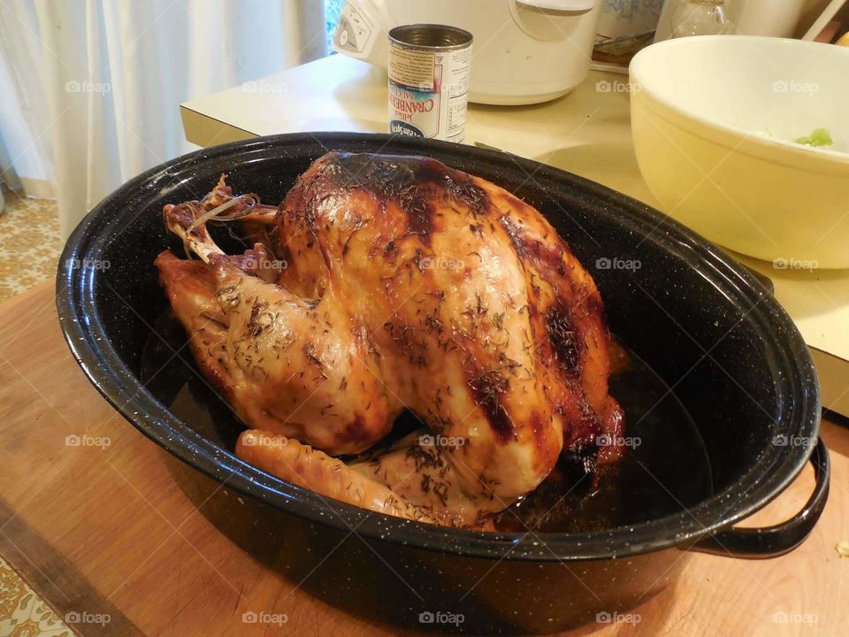 Perfectly roasted Thanksgiving turkey in graniteware roasting pan. Holiday meals. cooking. entertaining. traditions.