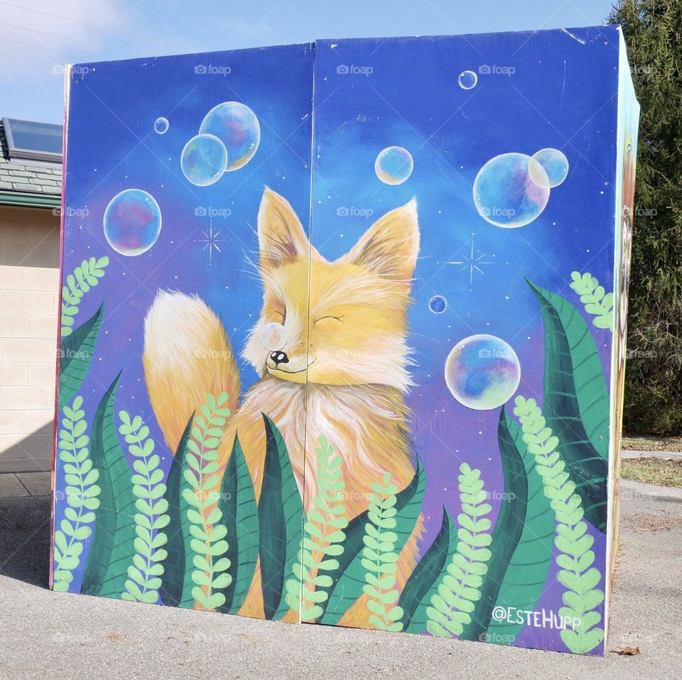 An adorable Fox with bubbles, painted on a giant art cube, by Este Hupp.