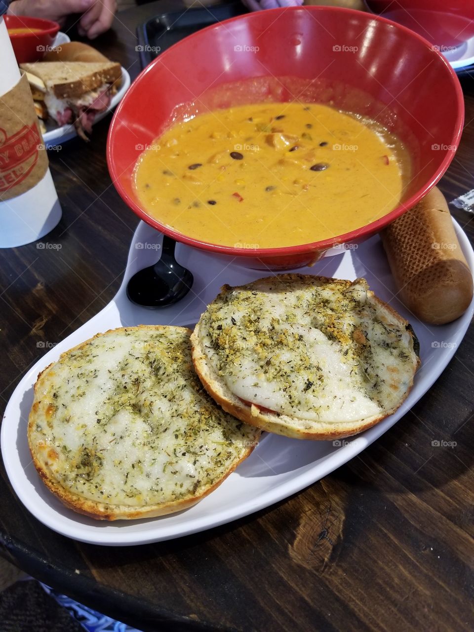 pizza bagel sandwich with soup