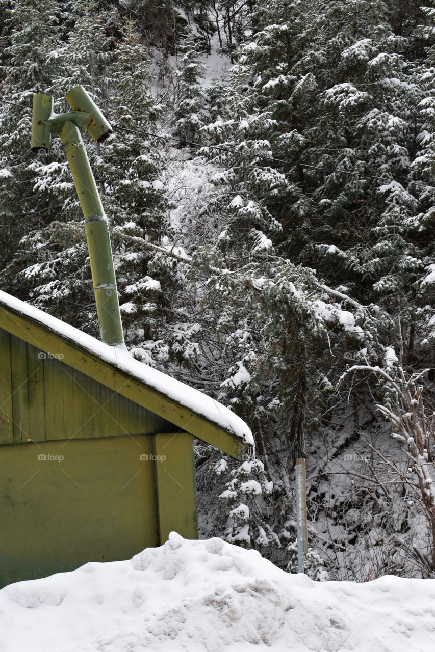 A green shed with a fresh snow layer. 