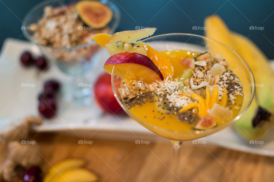 Elevated view of peach mango smoothie