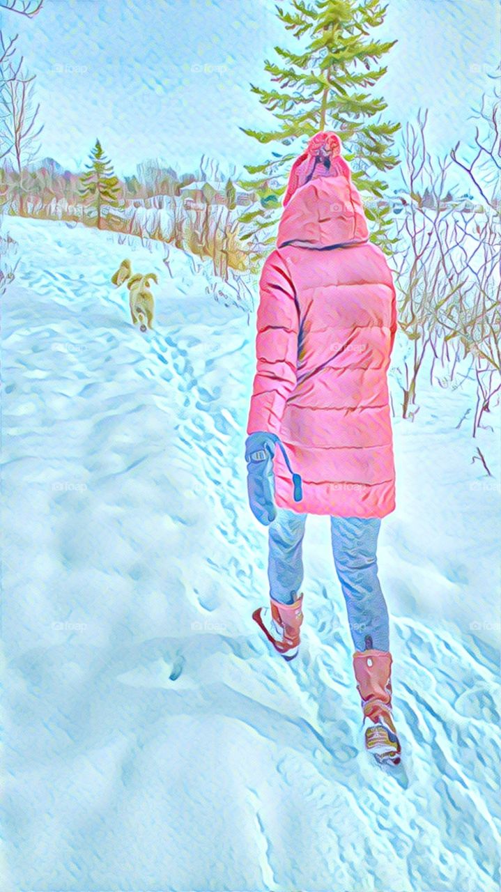 painting filter of women hiking with dog in snow
