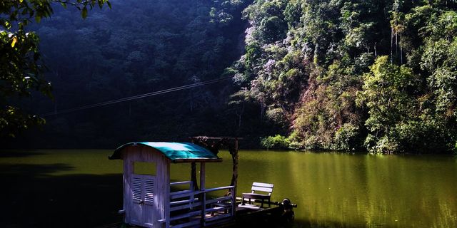 lake and small boat in the middle of the forest