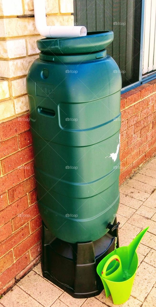 Garden watering can filling up from a rain tank
