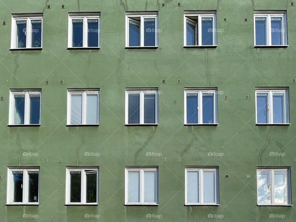 White windows in green building