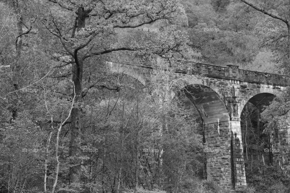 Black and white railway bridge alongside Loch Lomond, Scotland 