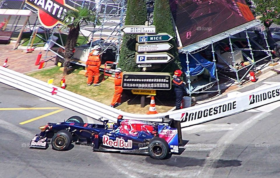 Race car rounding the bend at the World Grand Prix in Monaco