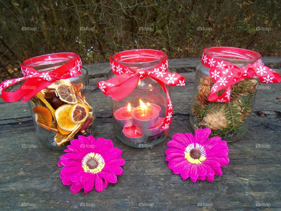 Recycled jars decorated for Christmas 