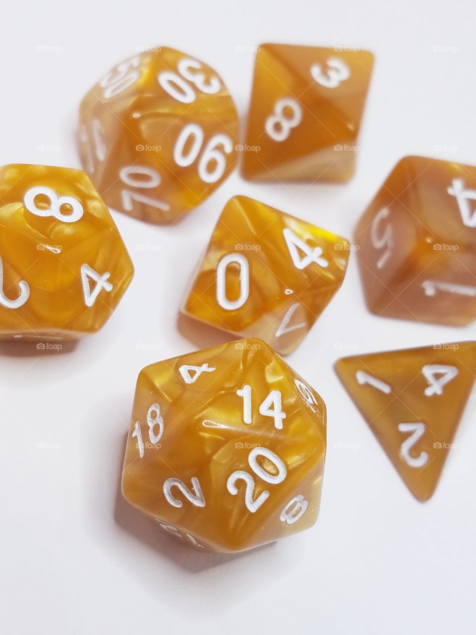 Colorful set of polyhedral dice for table-top gaming.