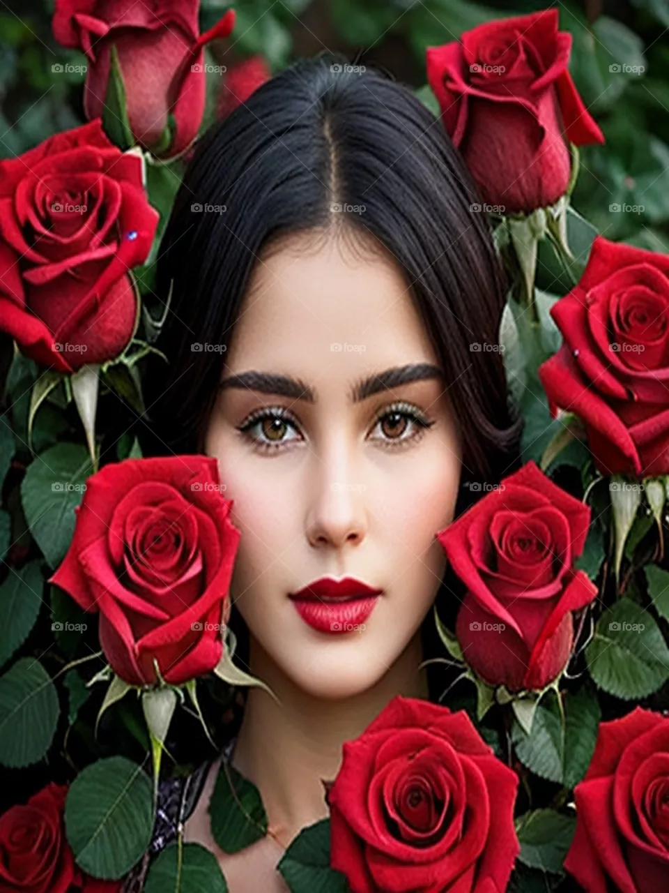 The face of a beautiful girl among the roses
