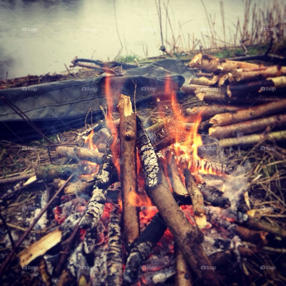 Fire by lake