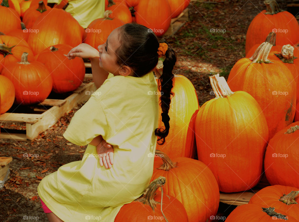 Pumpkin Princess . This young girl sits amongst the pumpkin patch while posing for her mother.