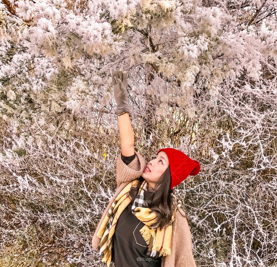Pretty asian woman reaching for tree branches 
