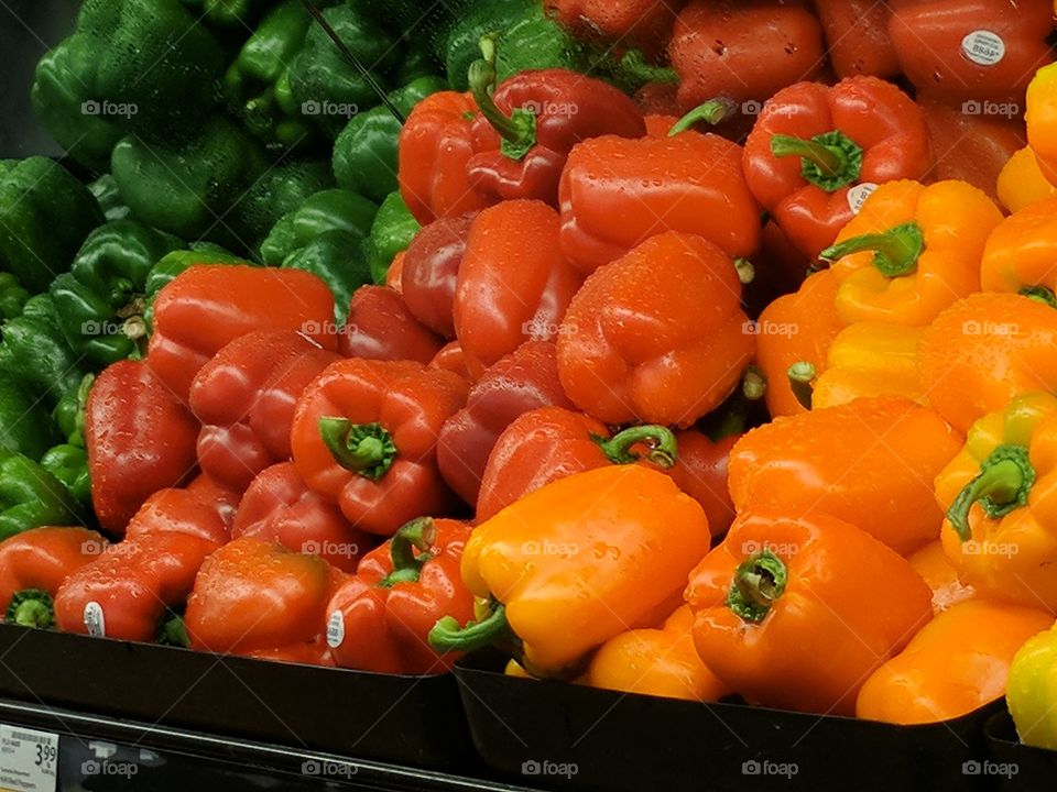 Green, Red and Orange bell peppers