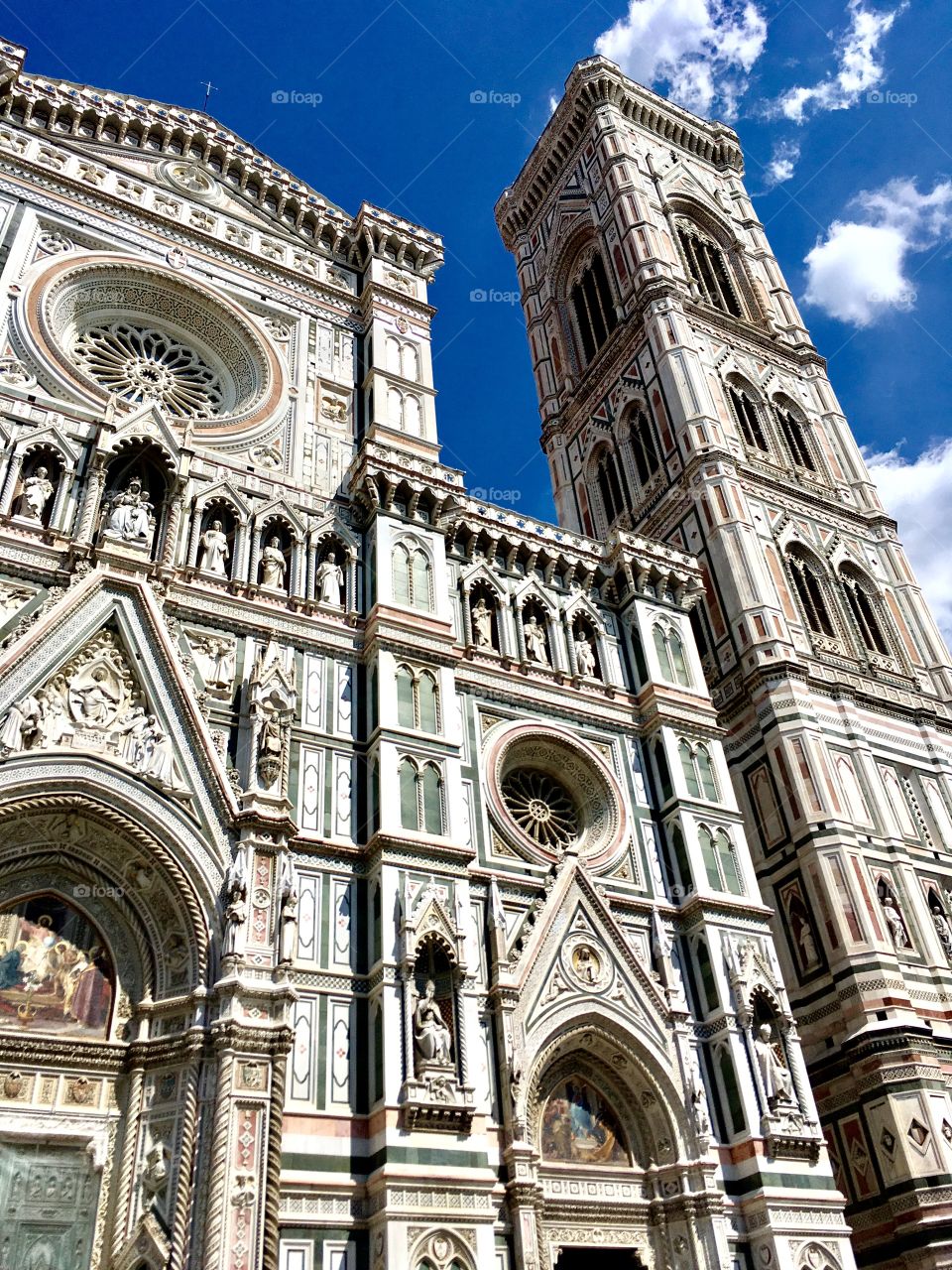 perspective view of the bell tower of Giotto with the cathedral of Santa Maria del Fiore, Florence