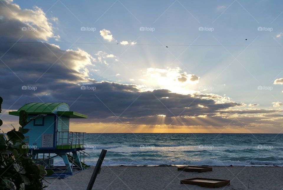 lifeguard station on Miami Beach during sunset