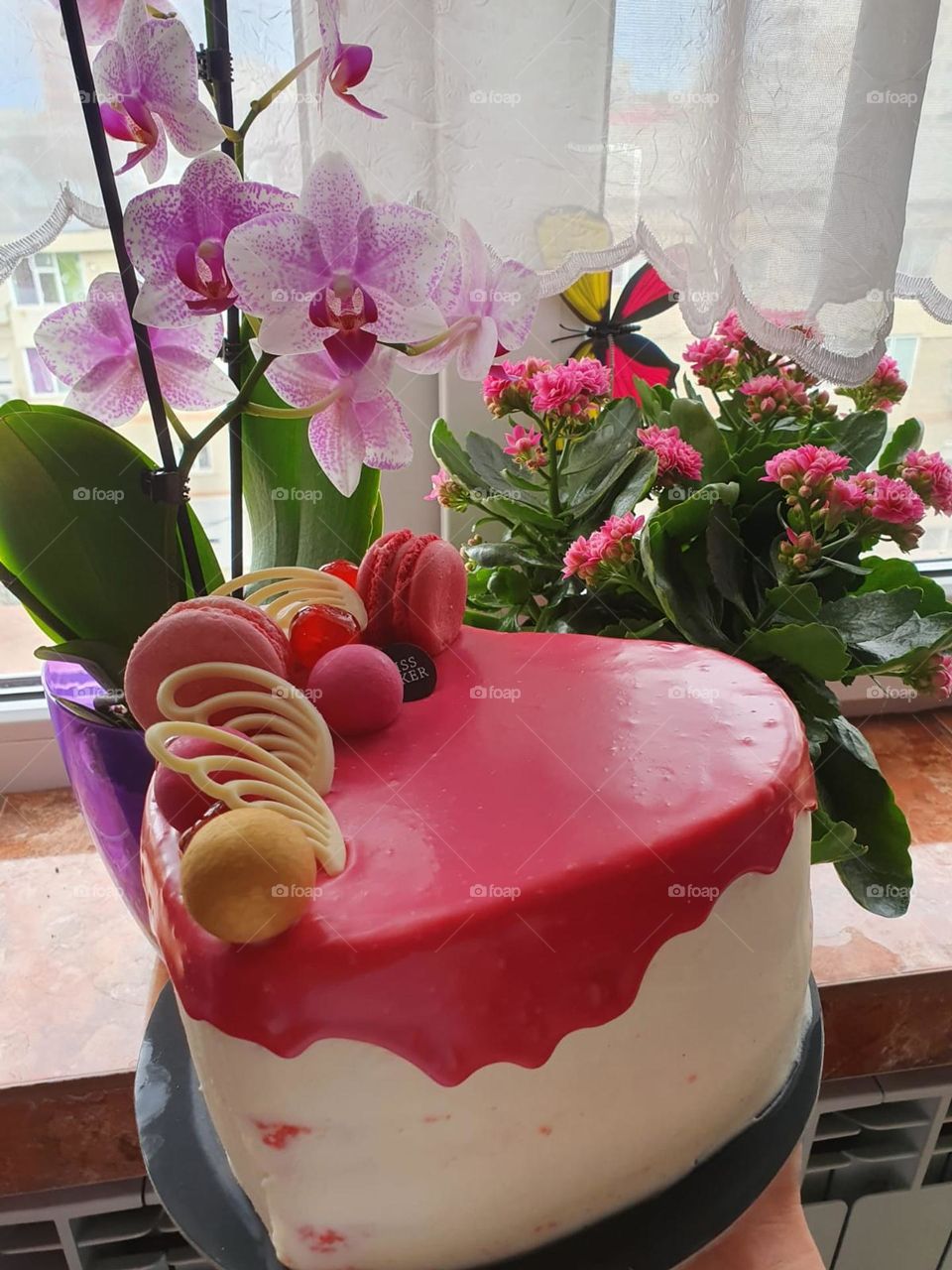 Flowers and red cake